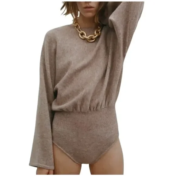 Zara Taupe Textured Wool & Camel Knit Bodysuit Size Large - Picture 2 of 15